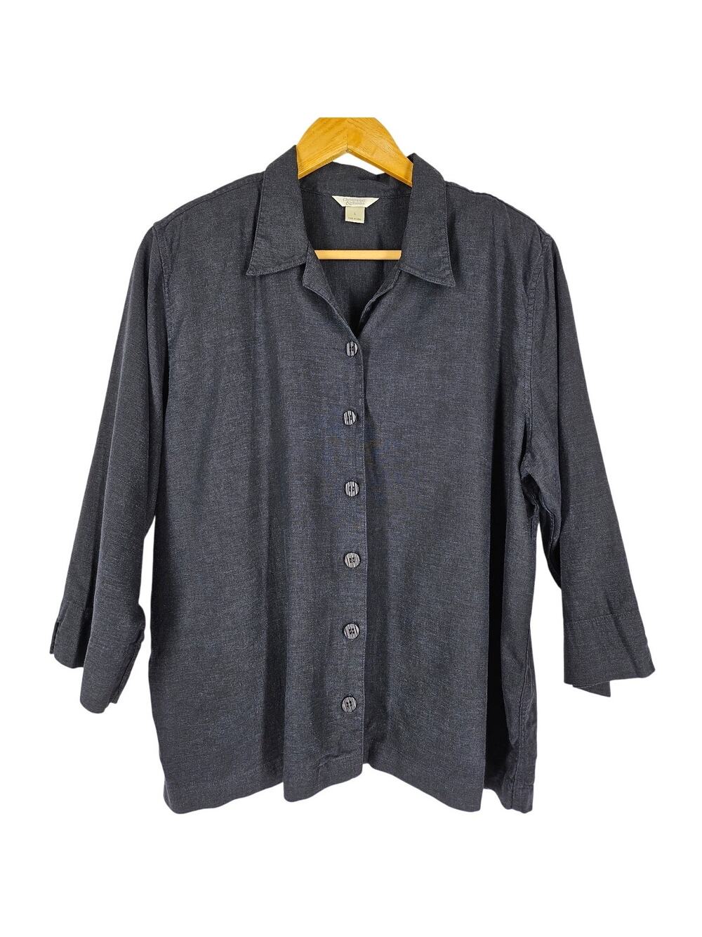 CHRISTOPHER & BANKS WOMEN'S BLUE BUTTON-UP LONG SLEEVE SHACKET – SIZE LARGE